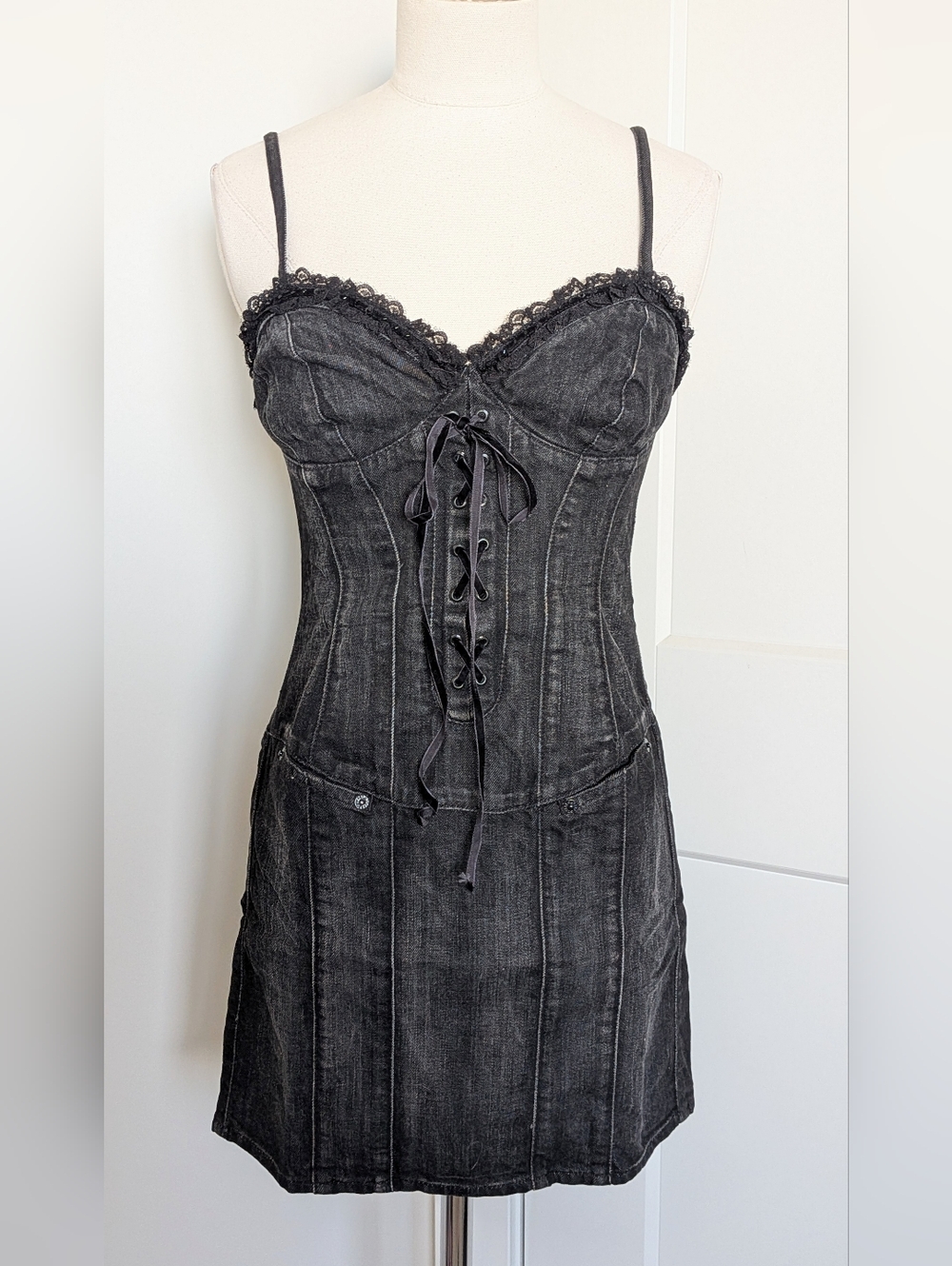 Y2K Vintage Guess Jeans Stretch Denim Black Bustier Corset Lace Up Mini Dress Sm